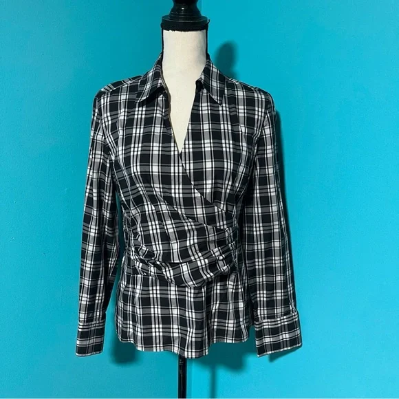 Talbots 12 Black Grey Plaid Faux Wrap Stretch Collared Long Sleeve Top - Picture 1 of 5